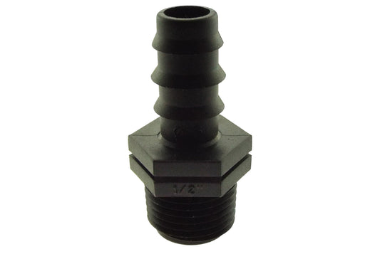 Straight joiner 1/2” BSP 16mm barb fitting, black end with visible threads