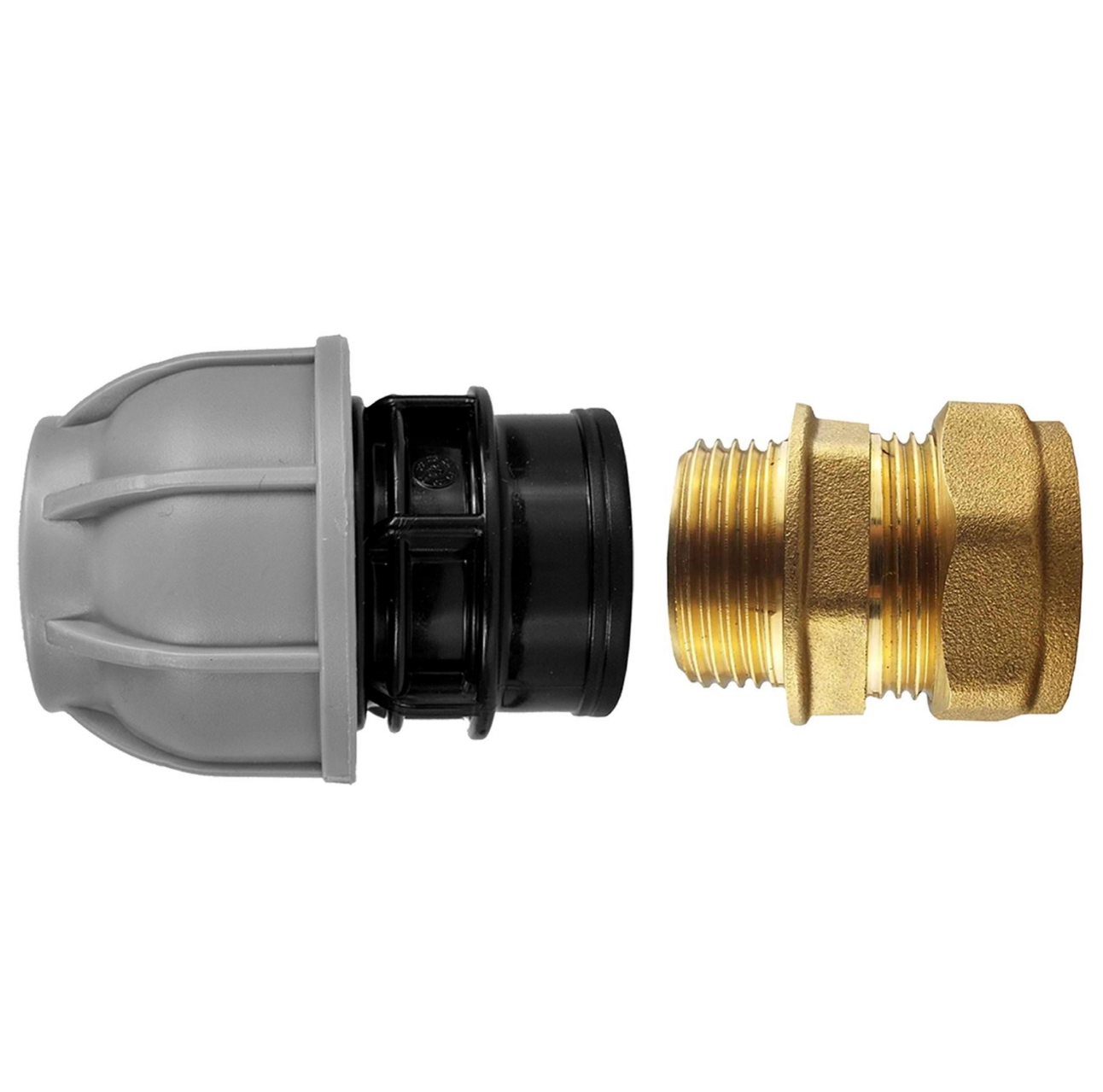 22mm brass compression straight with 25mm MDPE straight ends, grey and brass