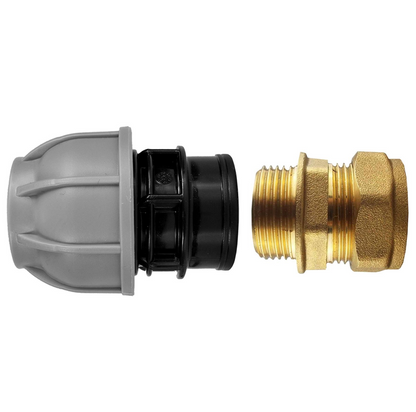 Brass compression straight fitting with 28mm end and 25mm MDPE straight connector