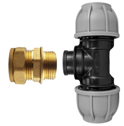 Brass compression tee adapter—22mm straight with black/grey MDPE ends