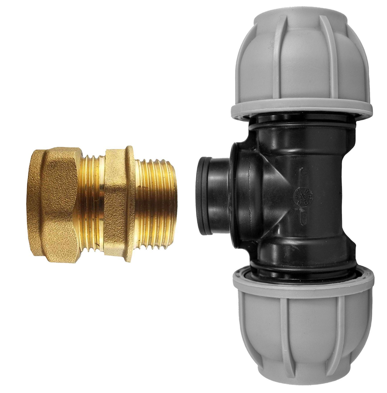 Brass compression tee adaptor, 28mm straight to 32mm MDPE, black/grey body