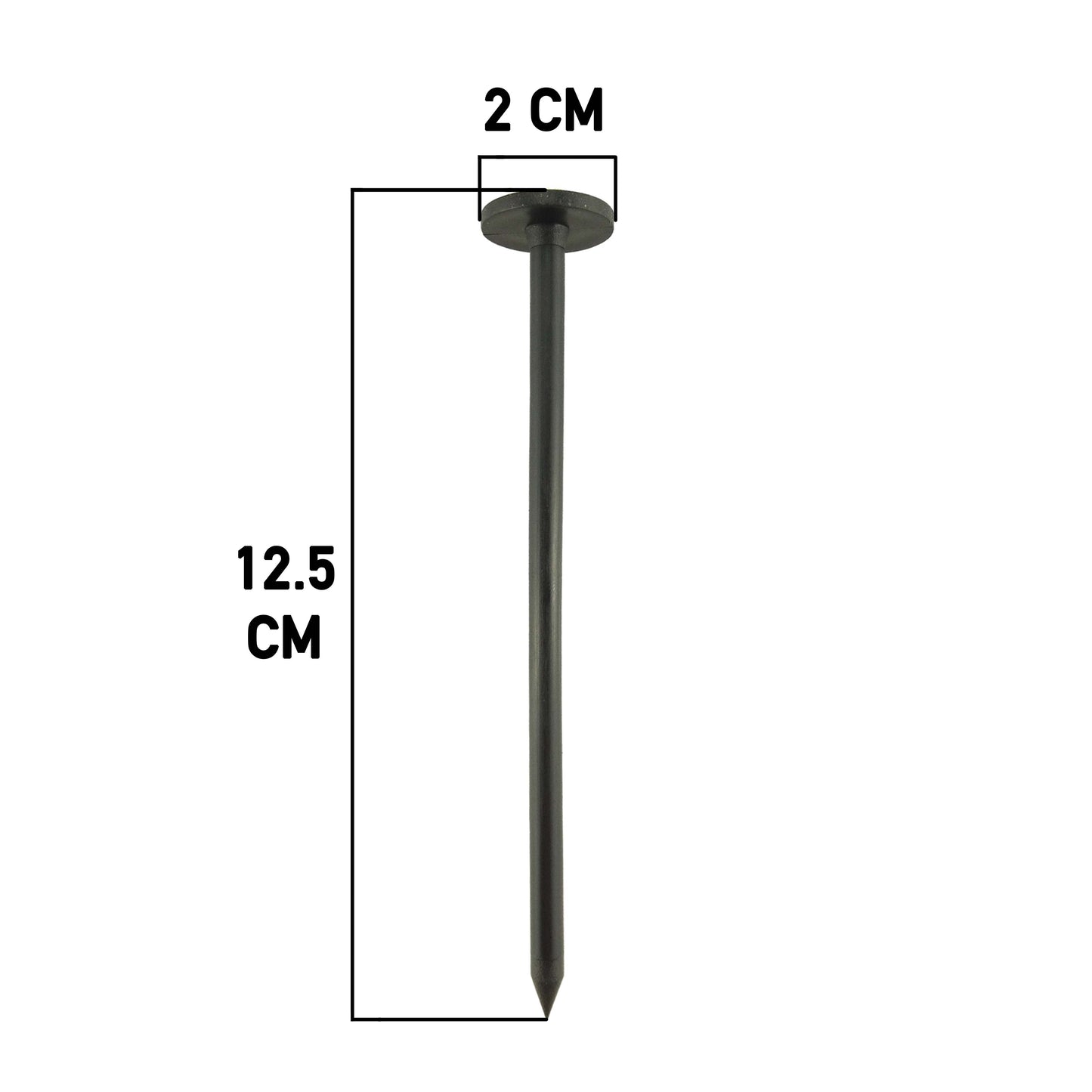 Small weed control fabric fixing peg, 12.5 cm, round flat head, dark plastic