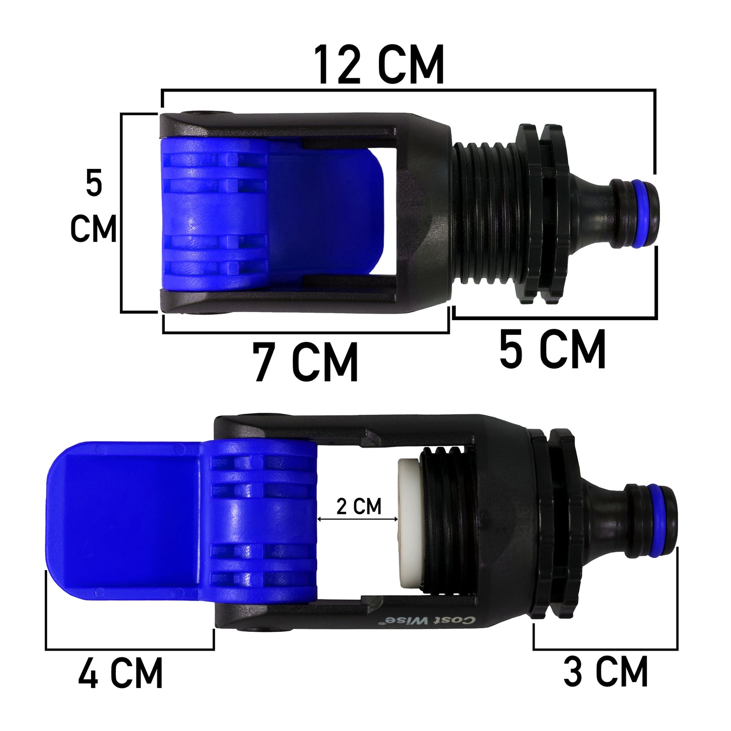 Blue and black kitchen tap adaptor size shown: 12 cm overall length