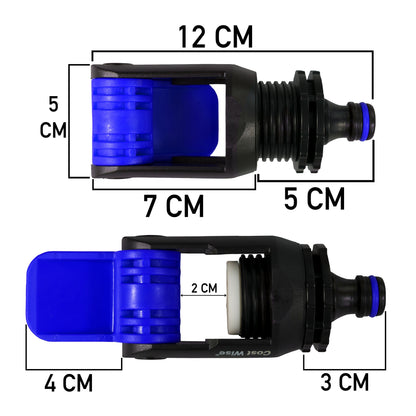 Blue and black kitchen tap adaptor size shown: 12 cm overall length