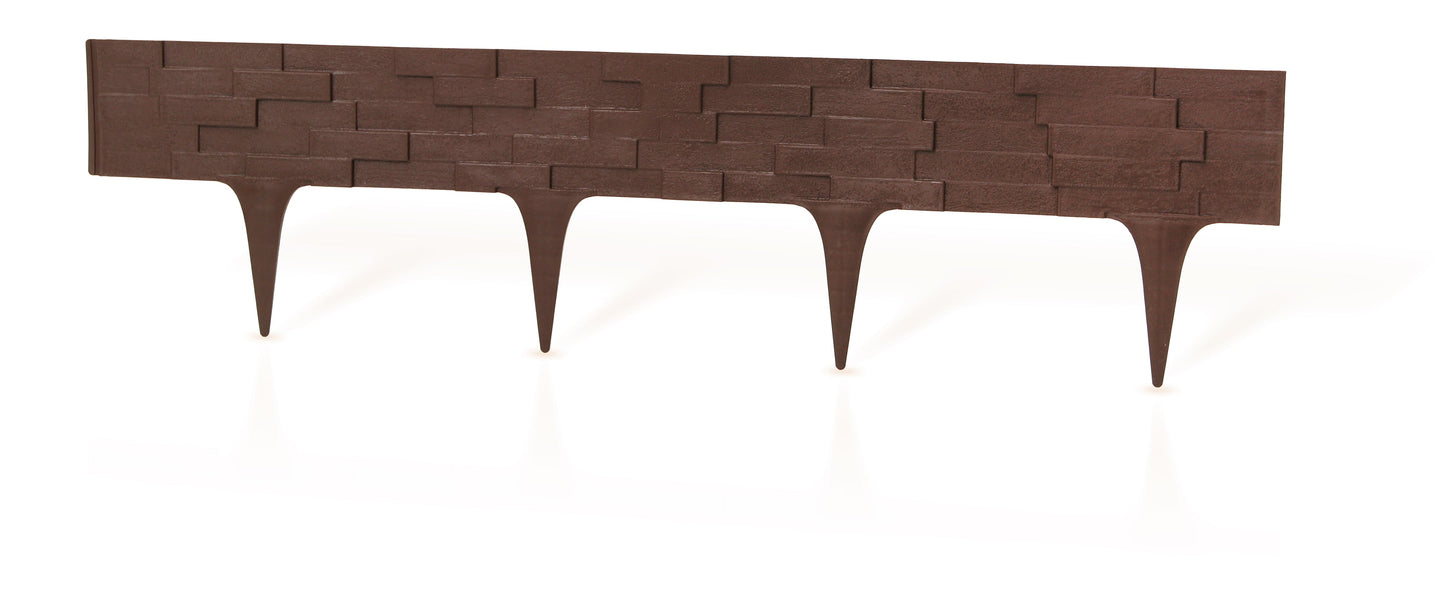 Brown plastic edging strip with slate-effect brick texture and evenly spaced stakes