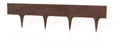 Brown plastic edging strip with slate-effect brick texture and evenly spaced stakes