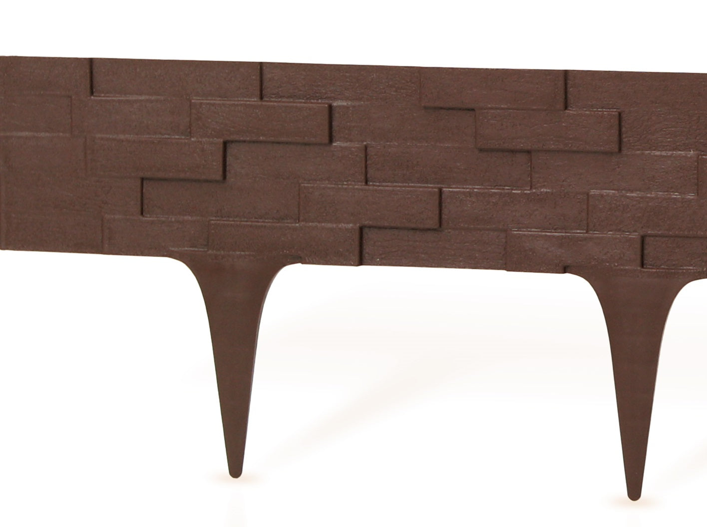 Brown plastic lawn edging strip with slate-effect brick pattern and pointed stakes