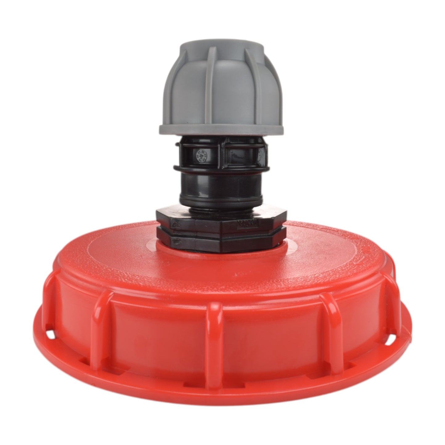 6-inch IBC cap kit, 25mm straight MDPE outlet; gray cap, red base