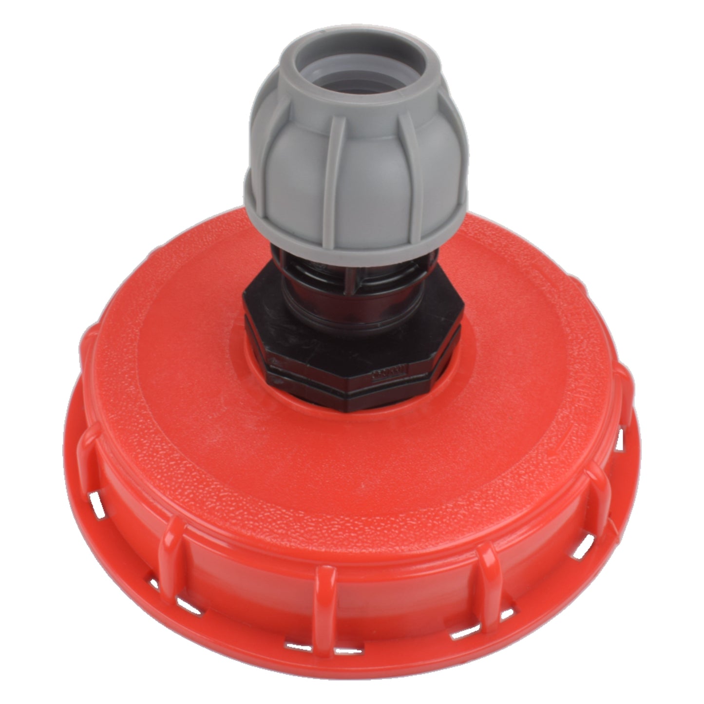 IBC cap kit top view: gray fitting with red housing, 25mm straight MDPE