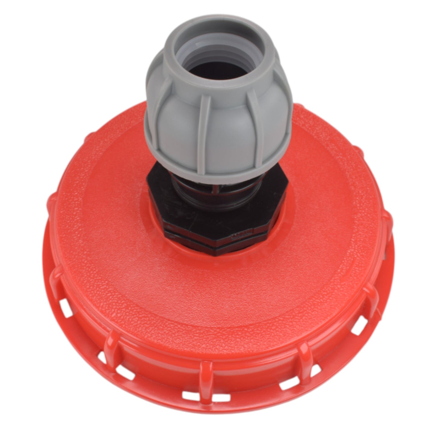 IBC cap kit opening view: gray neck and red circular base, 25mm MDPE straight
