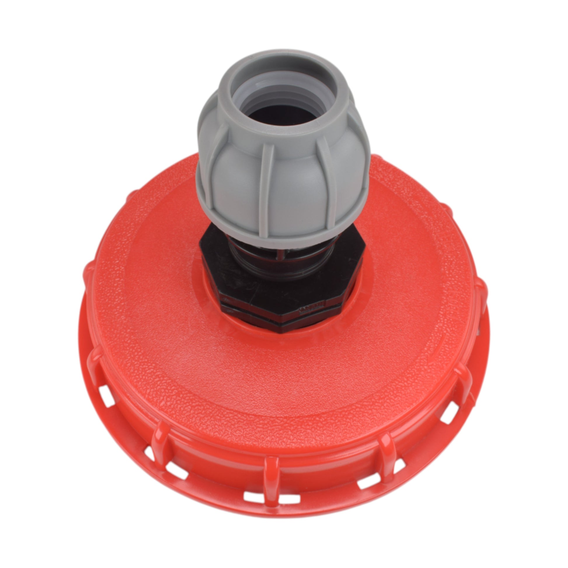 IBC cap kit angled top view: gray inlet fitting on red base, 25mm straight MDPE