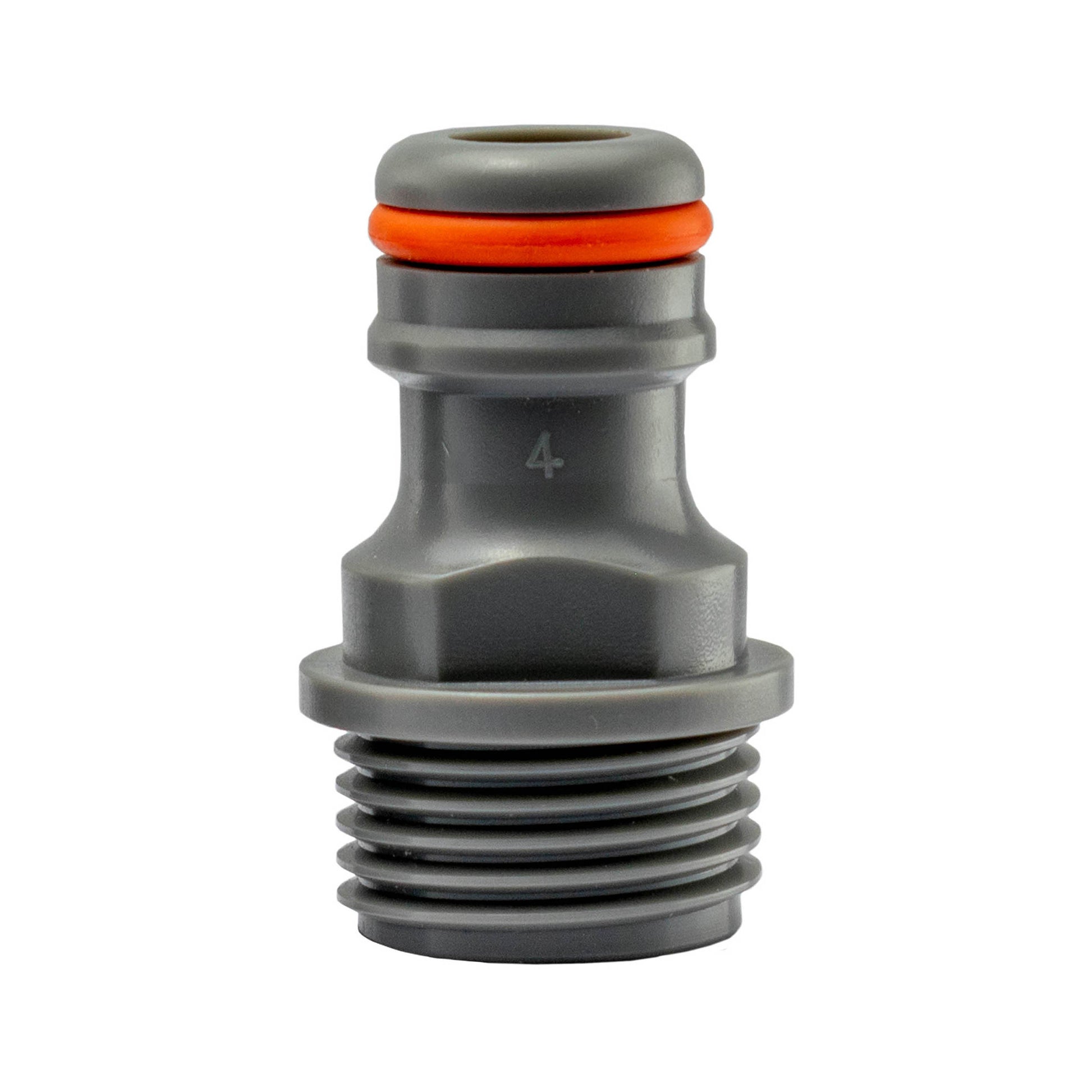 Snap-on male MDPE connector tip with orange O-ring seal, gray threaded section
