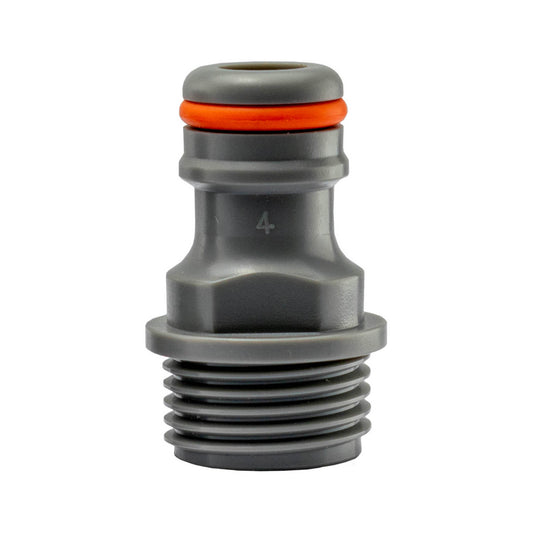 Male tap connector 3/4" BSPM WL, grey body with orange seal ring and barbed end