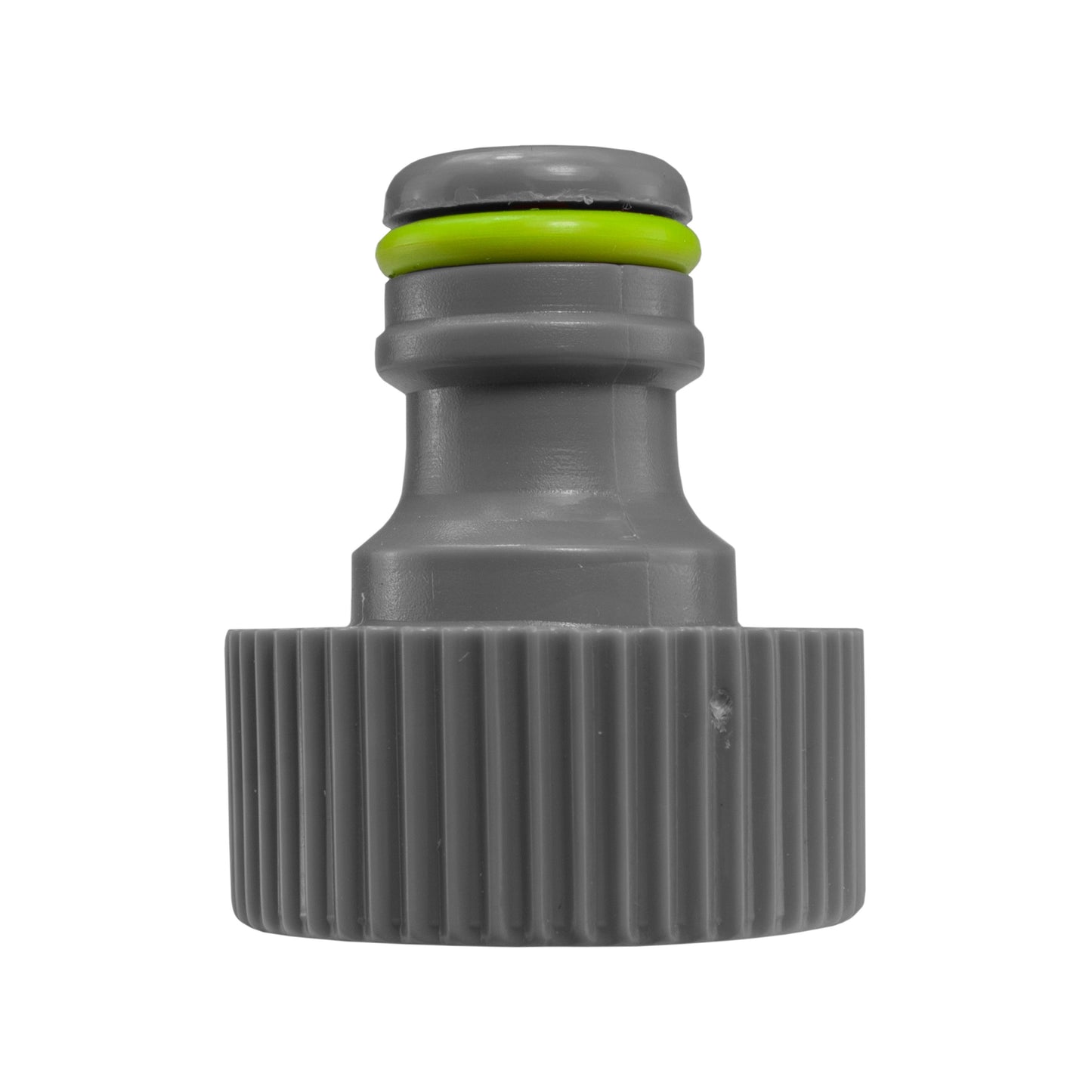 Grey porous pipe connector with ridged grip and bright green seal