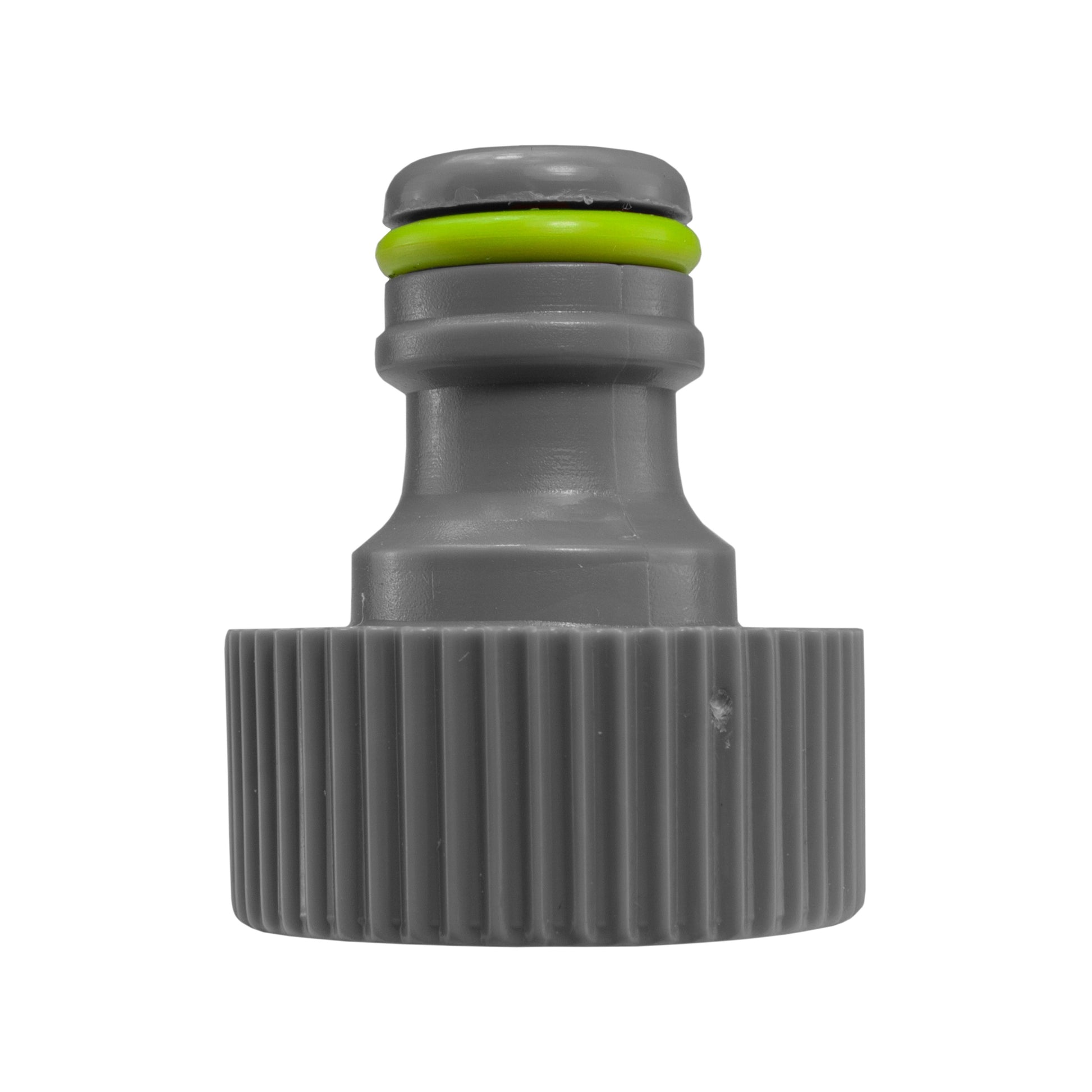 Grey porous pipe connector with ridged grip and bright green seal