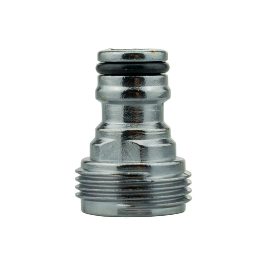 Male tap connector ¾" BSP click-lock, zinc chrome finish, with black O-ring seal