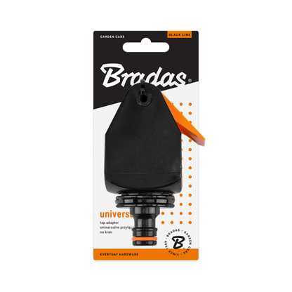 Tap adapter connection blister pack, black and orange, “universal” label shown.
