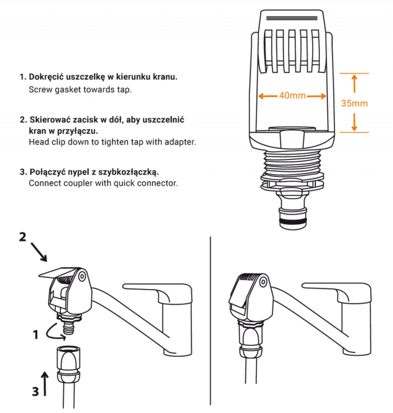 Tap adapter instructions with dimensions: 40mm width and 35mm height shown.