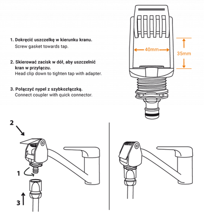 Tap adapter instructions with dimensions: 40mm width and 35mm height shown.