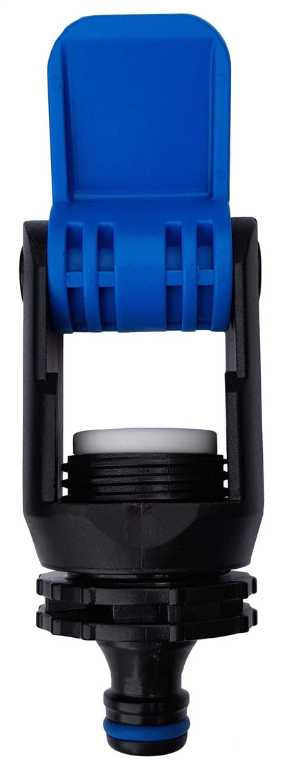Front view of blue kitchen tap adaptor cap on black body with blue ring