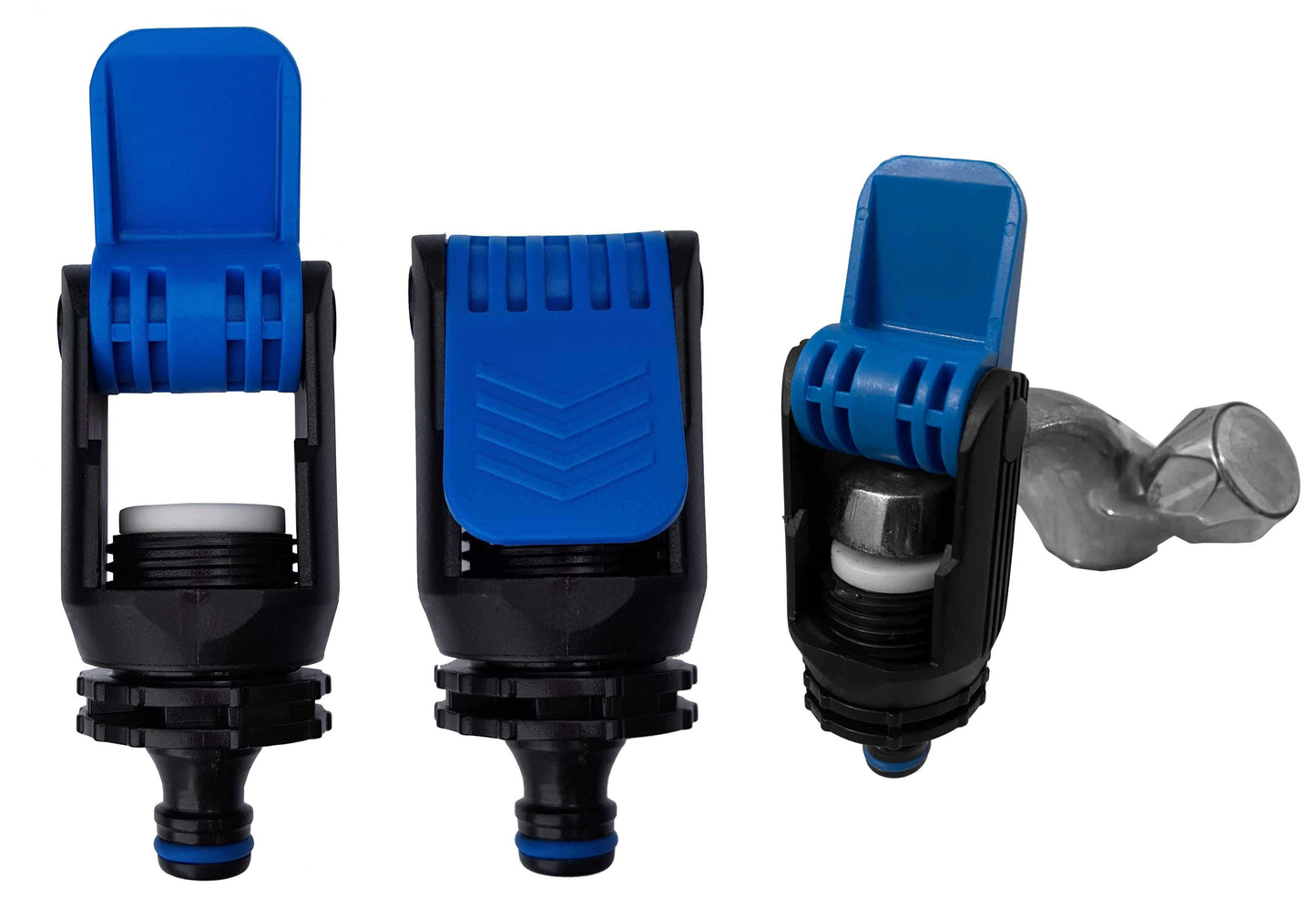 Kitchen tap adaptor showing multiple angles: blue cap, black body, blue connector