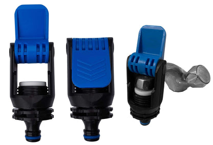 Kitchen tap adaptor showing multiple angles: blue cap, black body, blue connector