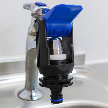 Blue kitchen tap adaptor with black grip sleeve and blue push button