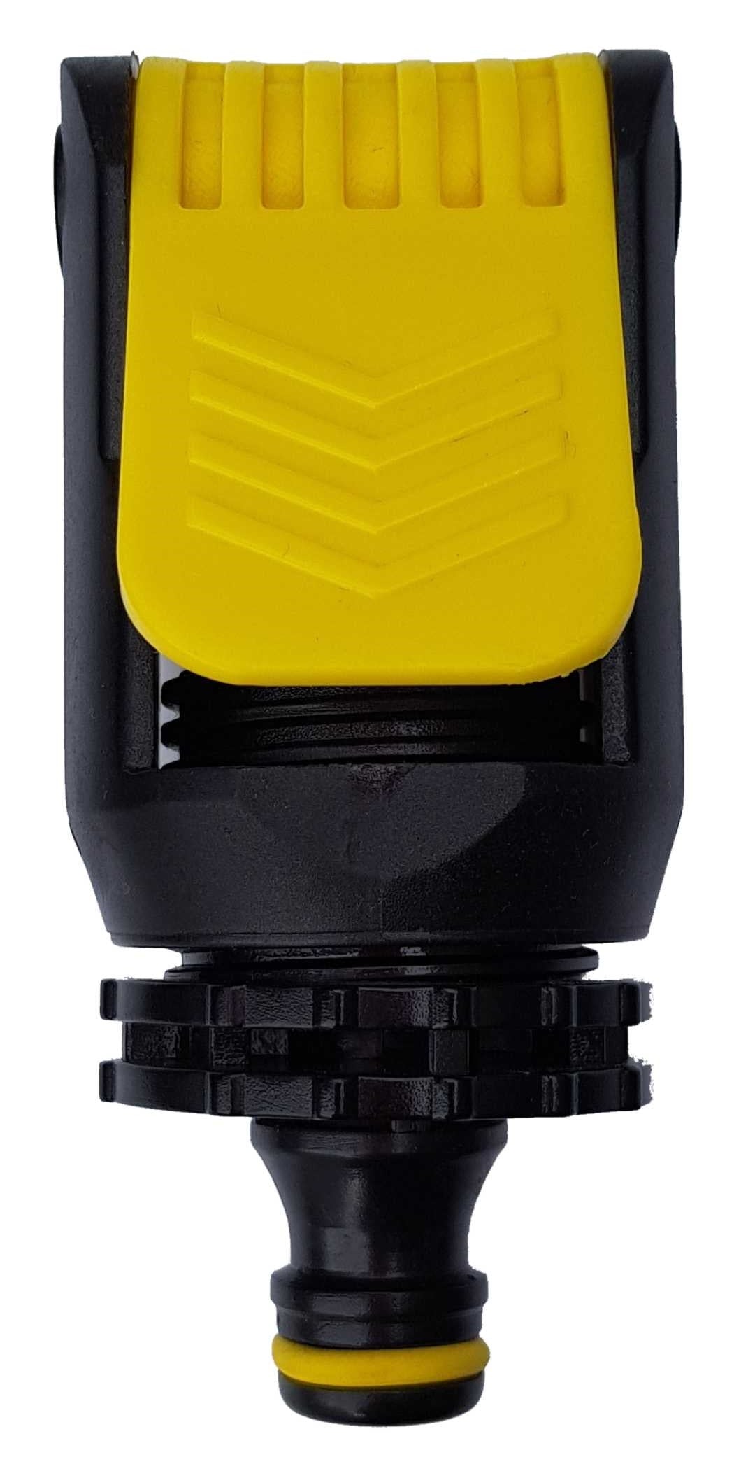 Front view of yellow kitchen tap adaptor with black base and yellow seal