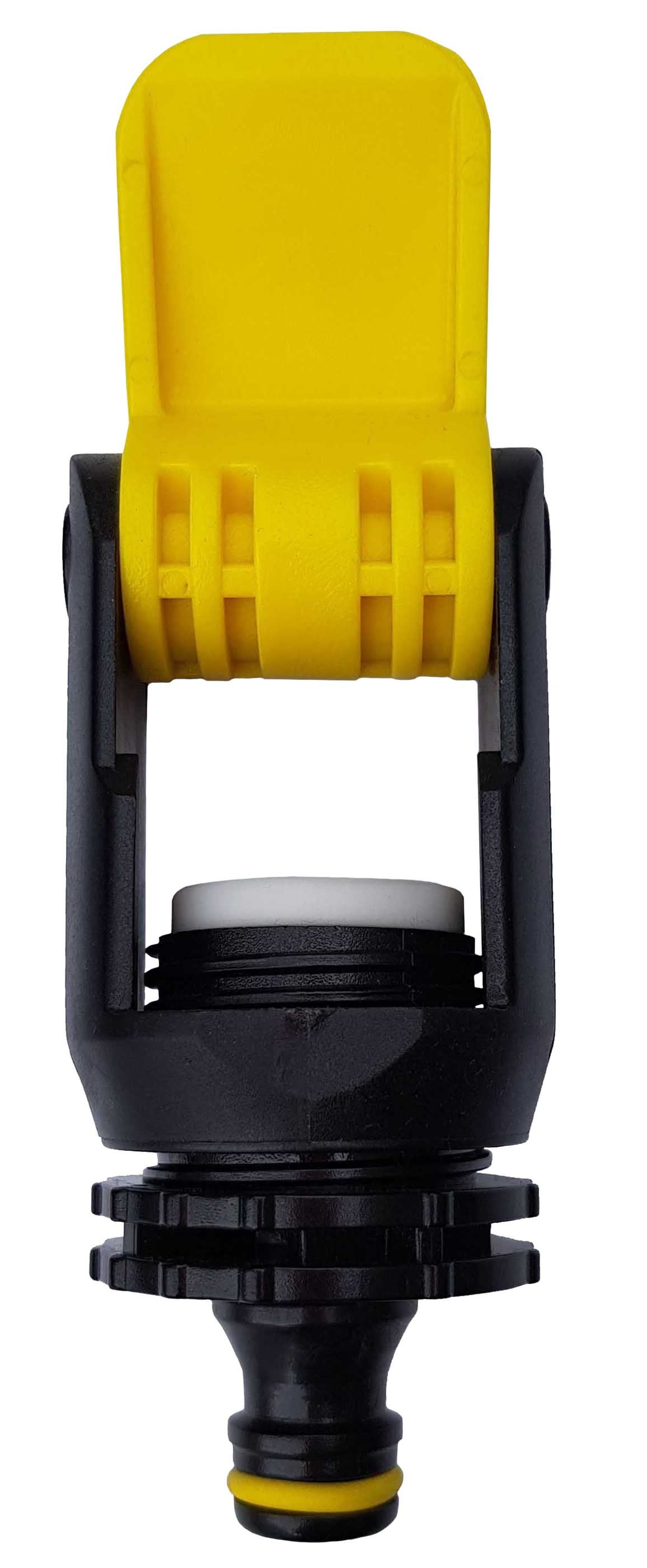 Yellow top on black kitchen tap adaptor with threaded outlet and seal