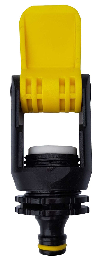 Yellow top on black kitchen tap adaptor with threaded outlet and seal