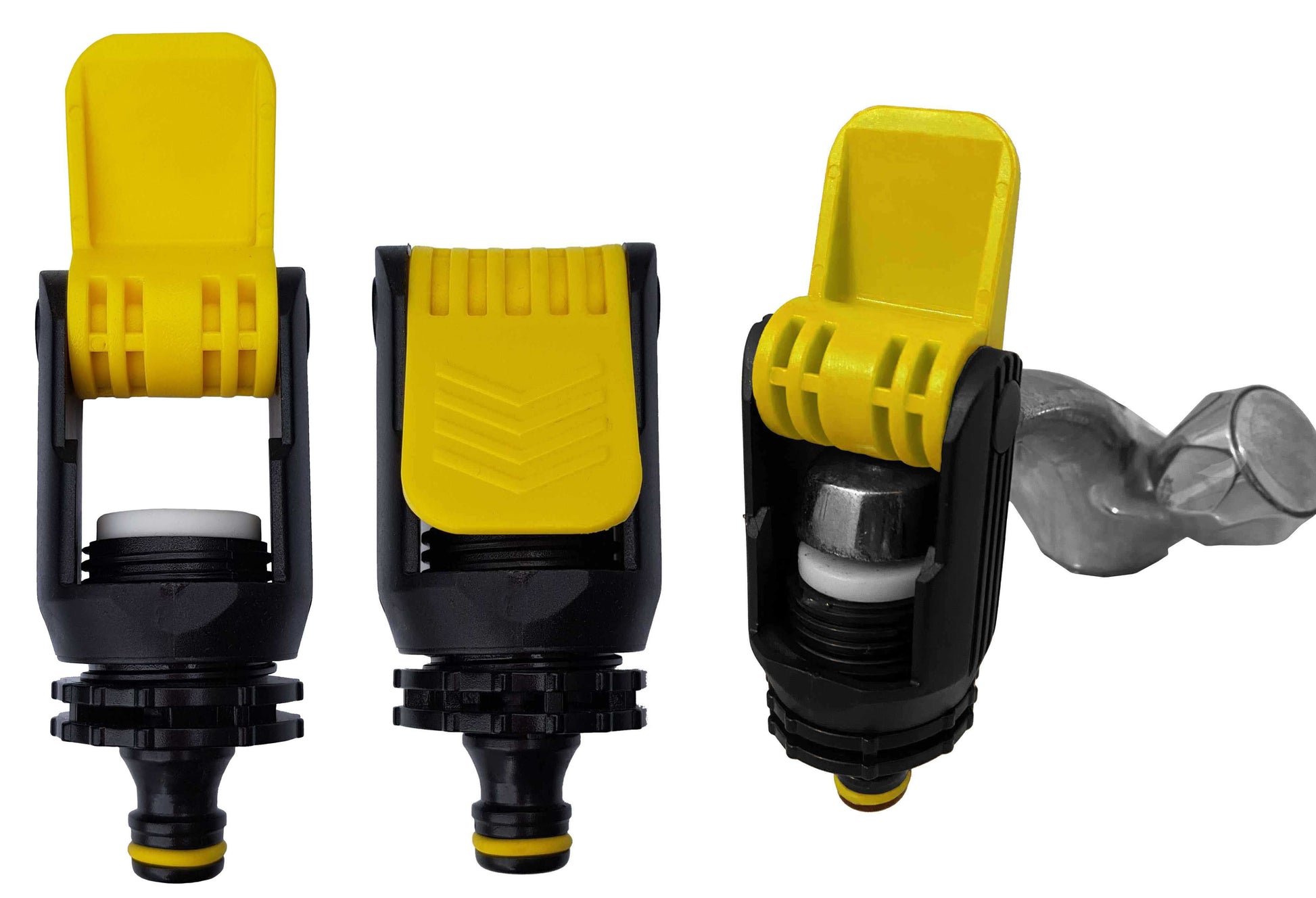 Kitchen tap adaptor set: yellow/black connector shown from multiple angles