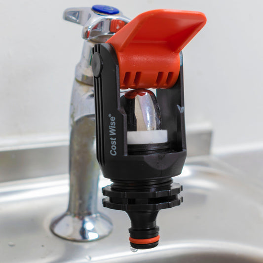 Kitchen tap adaptor with black body, orange grip lever, and threaded outlet
