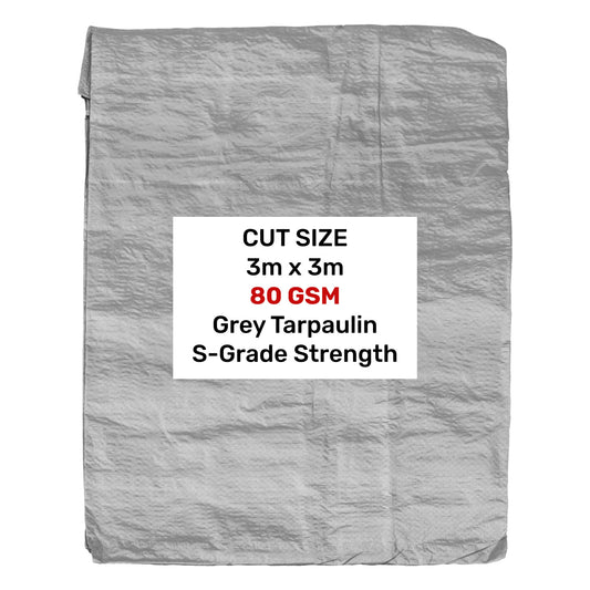 Grey S-Grade tarpaulin 3m x 3m, square sheet with reinforced seams and edges