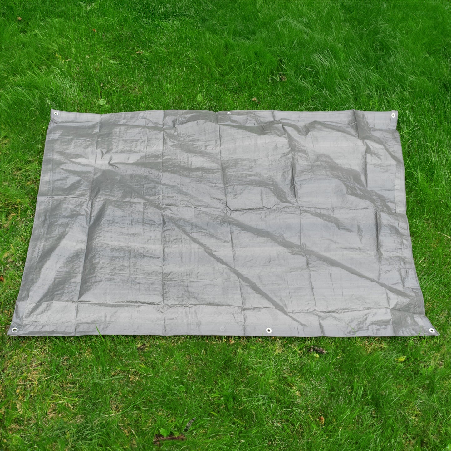 Gray tarpaulin laid out flat, 4m x 5m, with evenly spaced eyelets