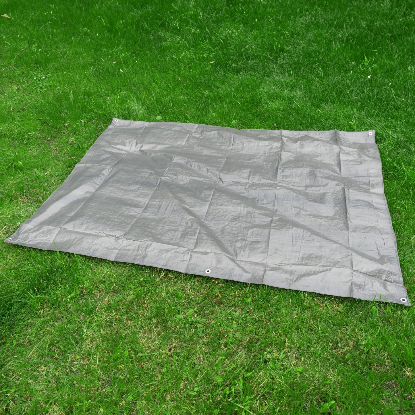 Gray tarpaulin sheet, 4m x 5m, with metal eyelets along the edges