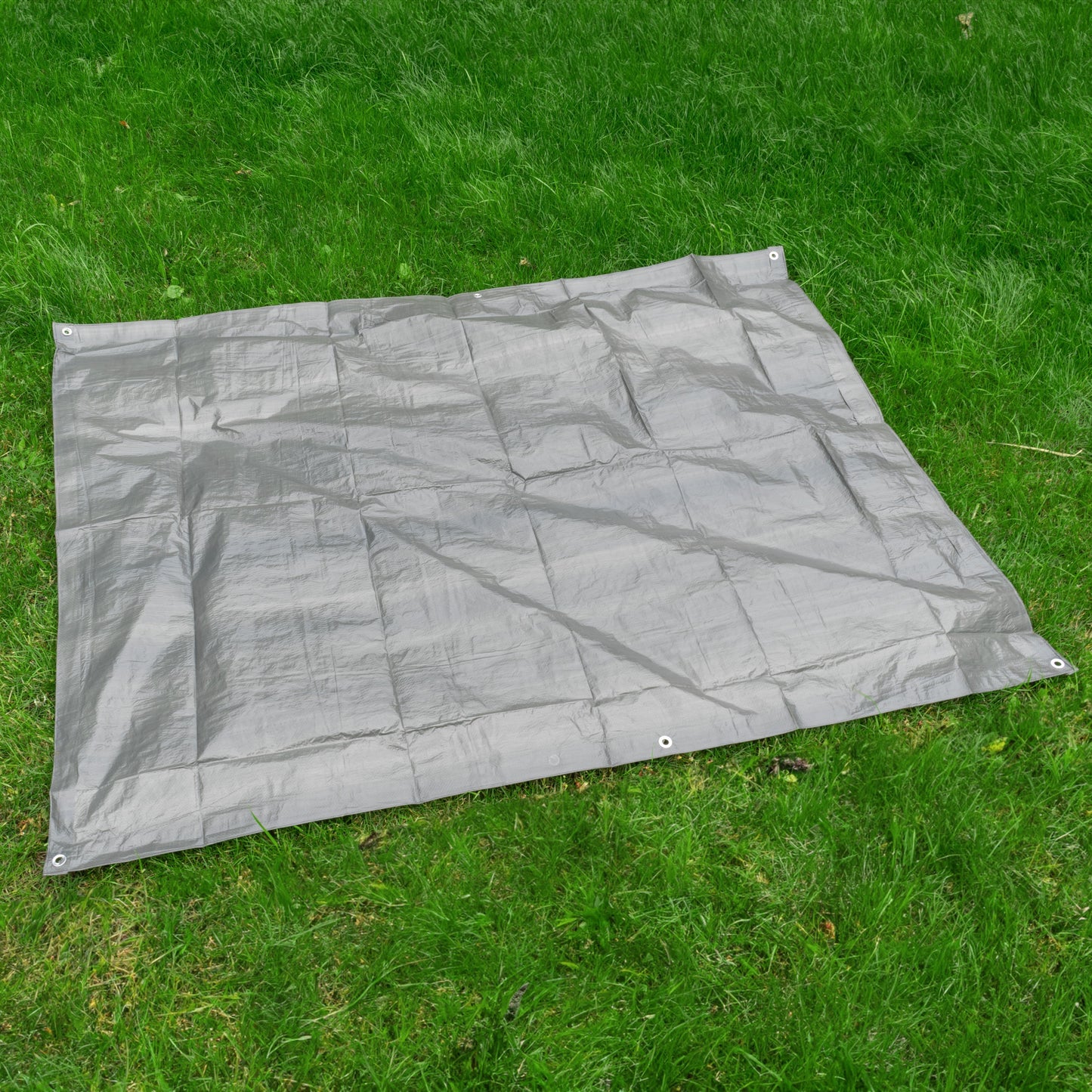 Gray 4m x 5m tarpaulin laid flat, showing eyelets at the corners and sides