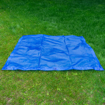 Blue tarpaulin sheet, 4m x 5m, spread flat with reinforced seams
