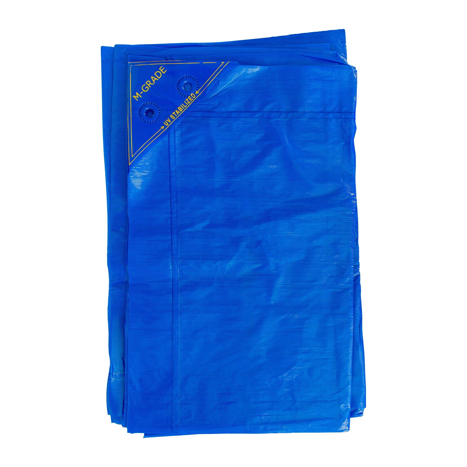 Folded blue LLDPE tarpaulin stack, M-Grade UV-stabilized markings