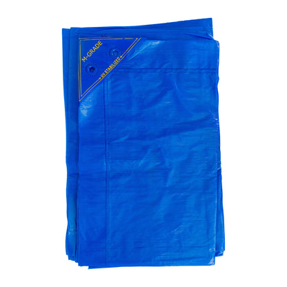 Folded blue LLDPE tarpaulin stack, M-Grade UV-stabilized markings