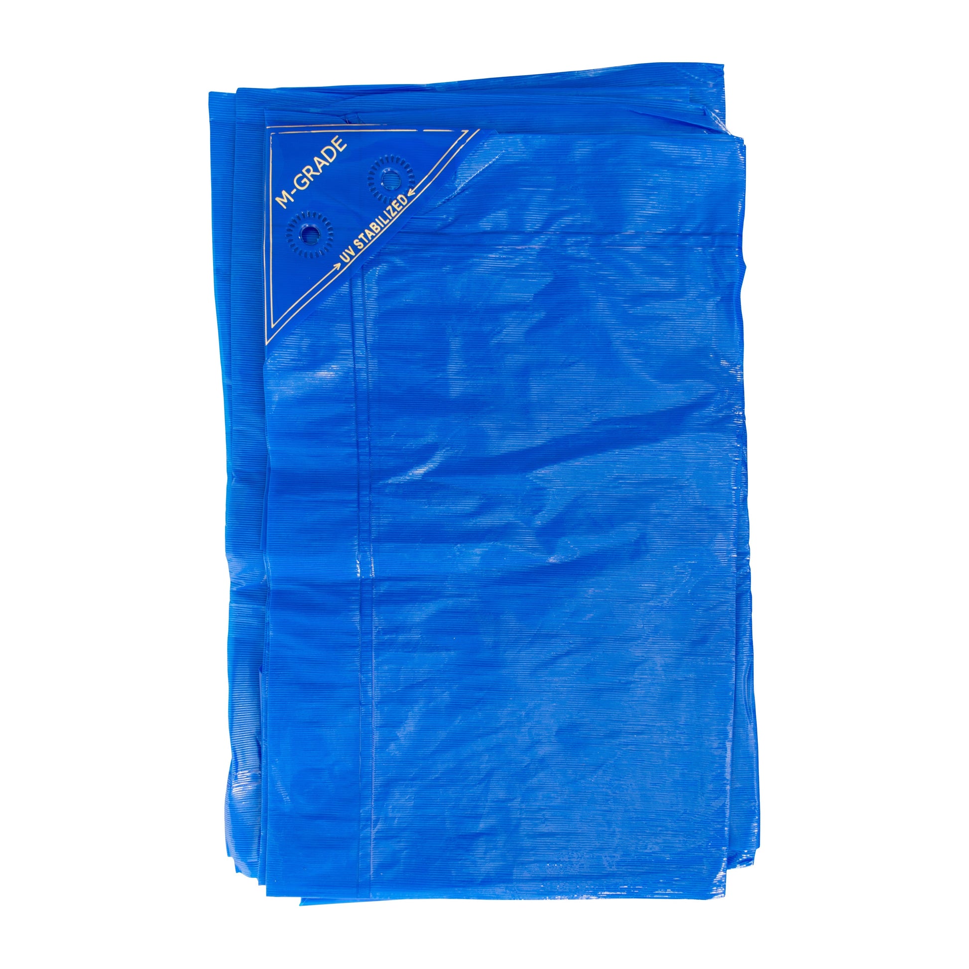 Folded blue LLDPE tarpaulin sheet, M-Grade UV-stabilized logo