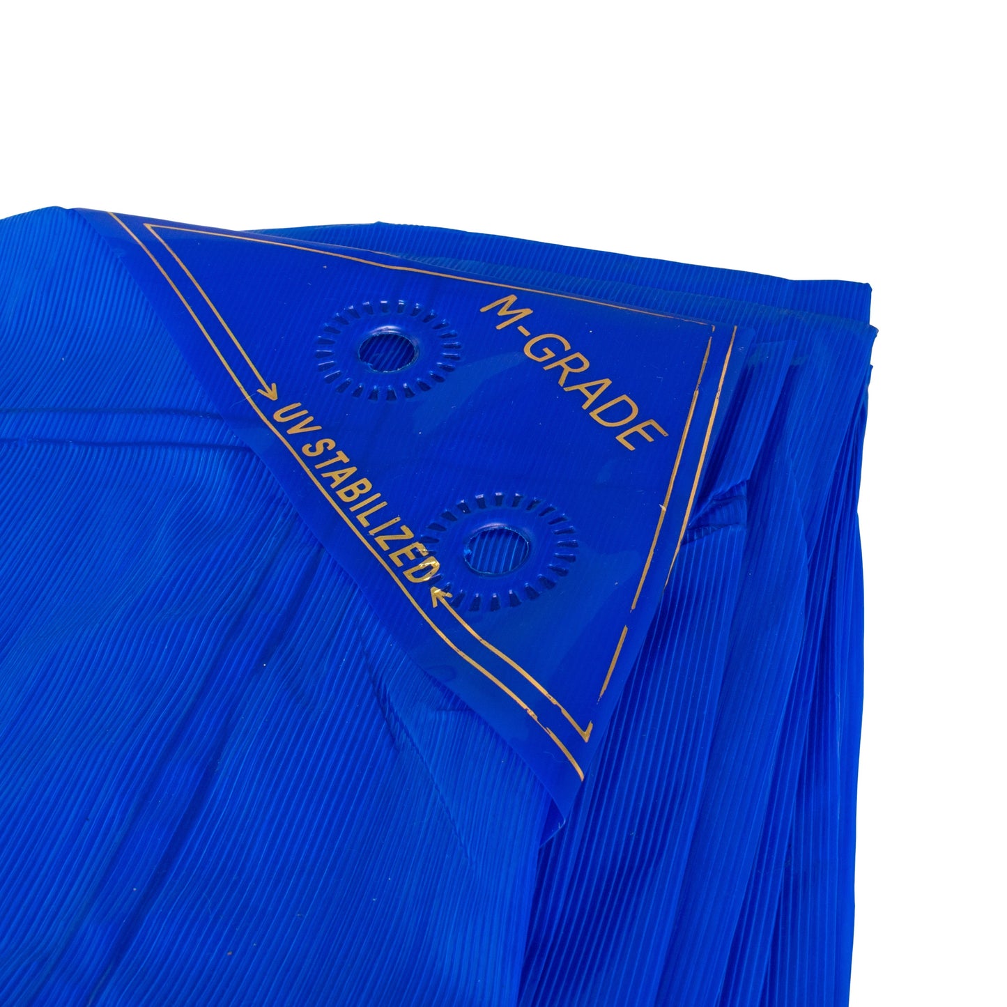 Close-up: M-Grade LLDPE blue tarpaulin with circular UV stabilised logo