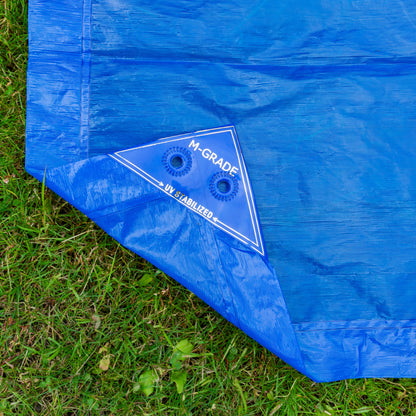 Blue LLDPE tarpaulin corner with M-GRADE UV STABILIZED label