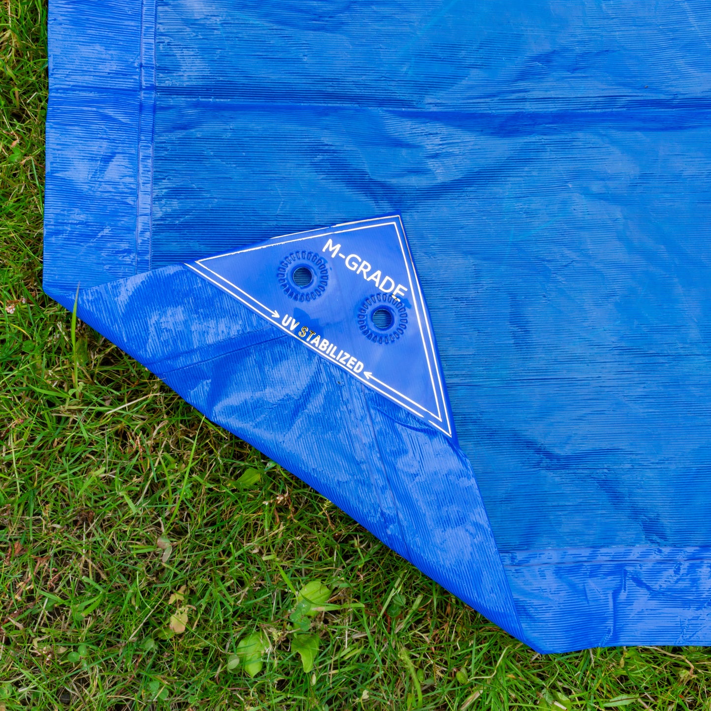 M-Grade LLDPE blue tarpaulin corner patch with UV stabilised marking