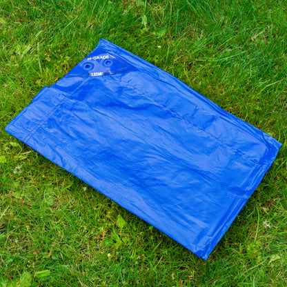 Blue LLDPE tarpaulin 1.5m x 2m laid out, M-Grade UV-stabilized markings