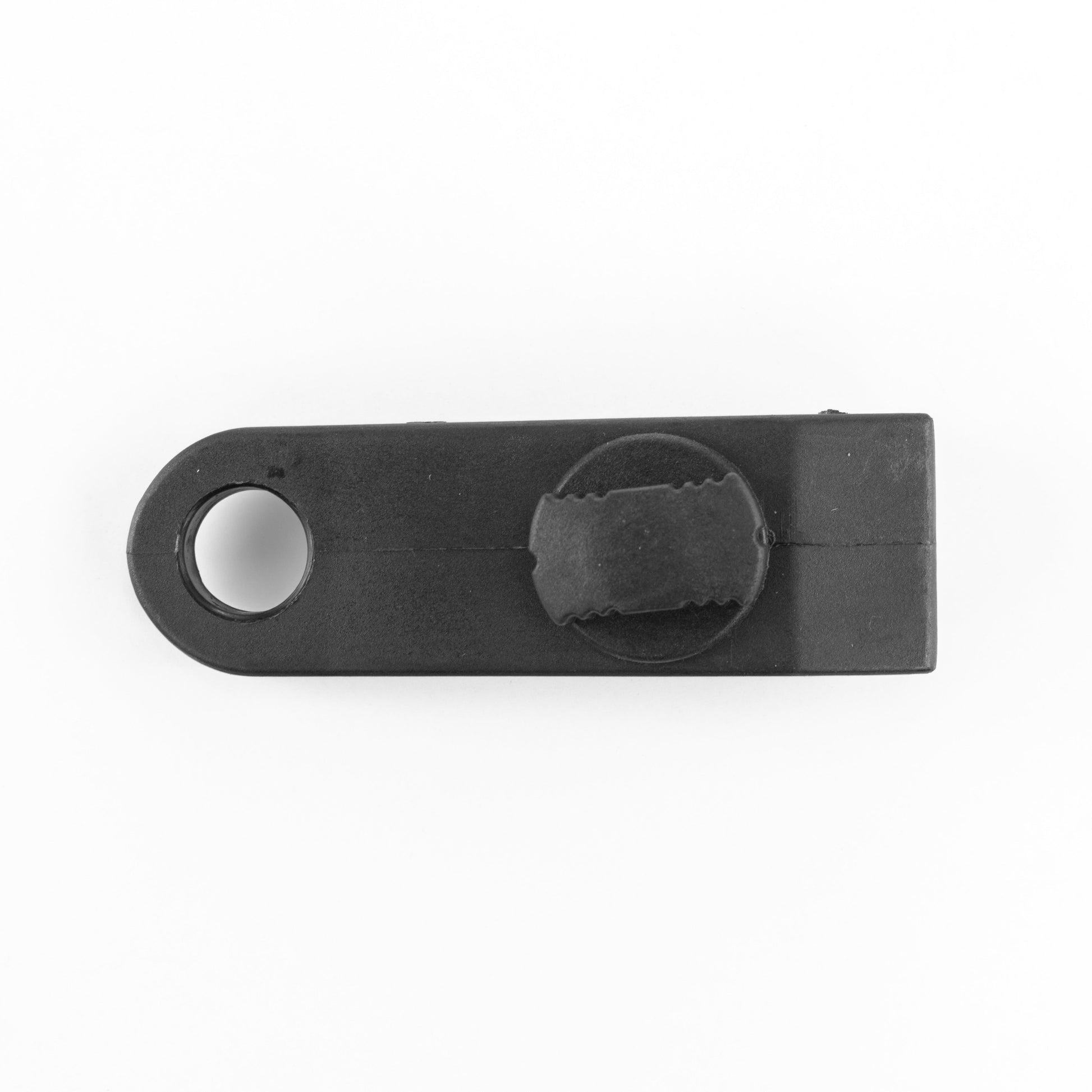 Black screw-type tarp clip, close view of clamp and screw seat