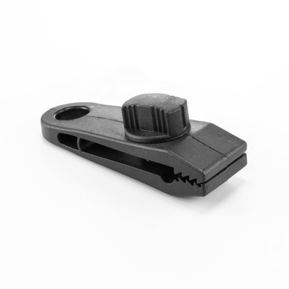 Screw-type tarp clip, black with raised head and serrated base