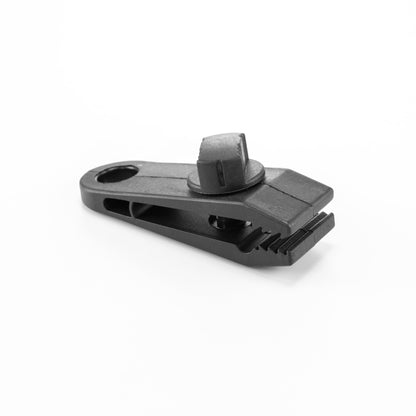 Schraub-Tarp-Clip, schwarzer Clip mit Befestigungsnuten und Hebel