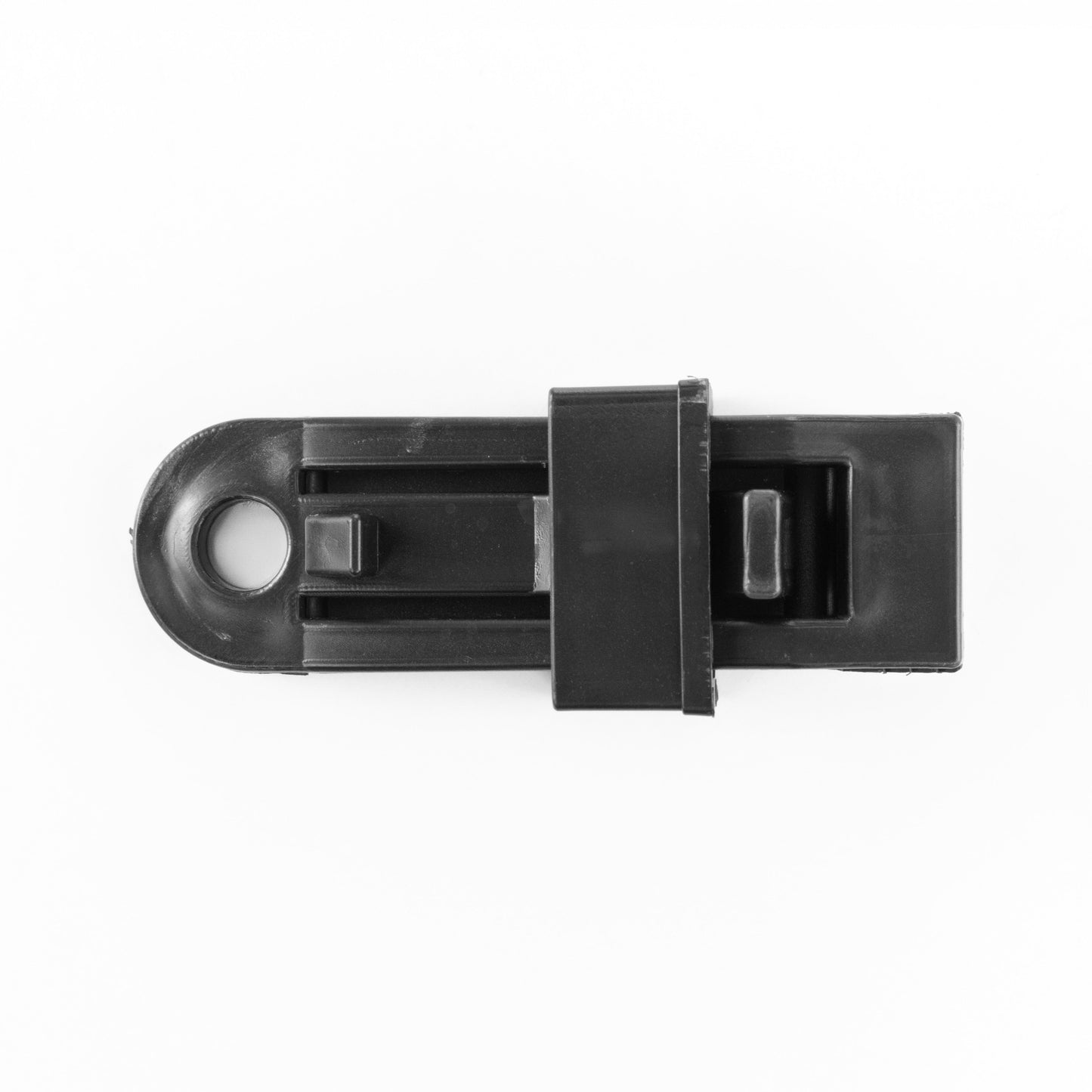 Slide-type tarp clip, black plastic with eye hole and clamp bar