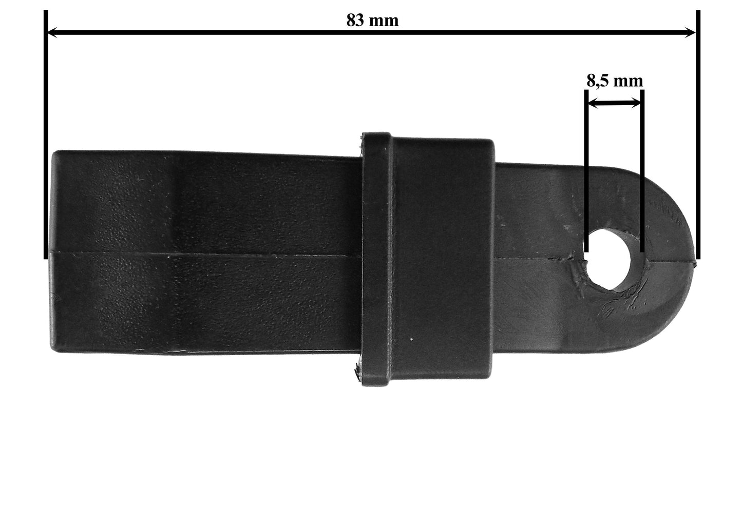 Maßzeichnung: schwarzer Planen-Schieberclip 83 mm, 8,5 mm (Breite)