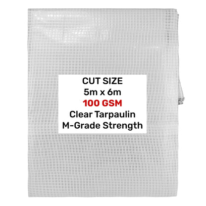 Clear M-Grade tarpaulin 5m x 6m, folded sheet with size/grade label